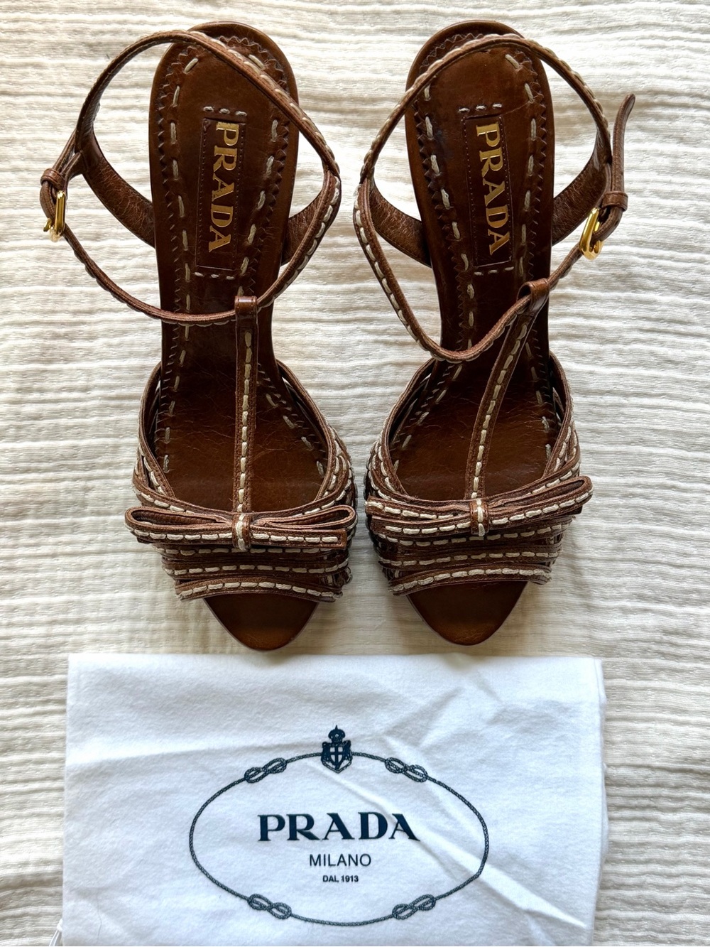 Prada Brown Leather T-Strap Heels with Bow Detail